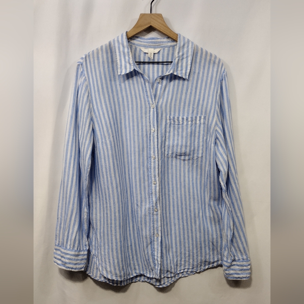 H&M 100% Linen Stripped Button Shirt Women's L Blue White Office Casual Retro - Picture 1 of 9